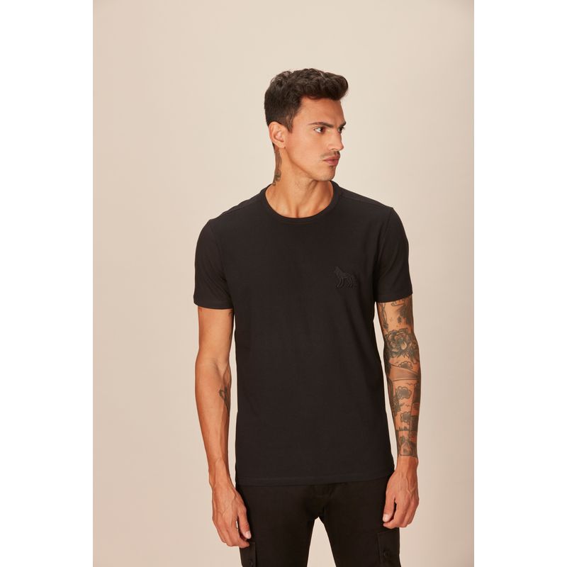 Camiseta-Masculina-Casual-Bordado-Lobo-Acostamento-Preto