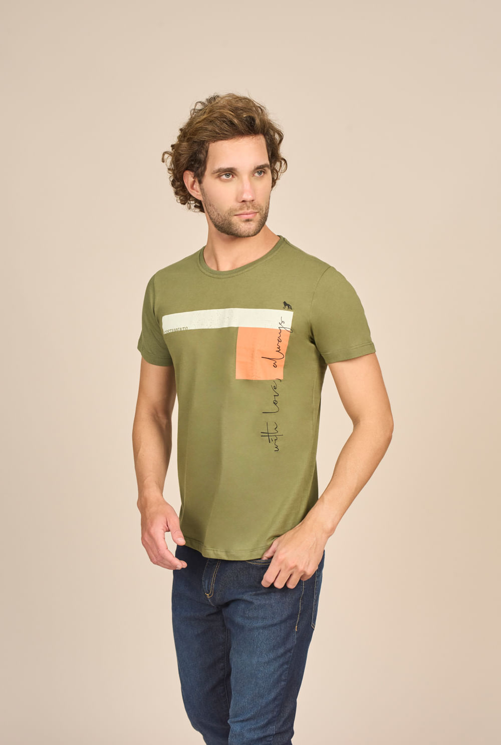 Camiseta Masculina Casual Estampada Verde Oliva Acostamento