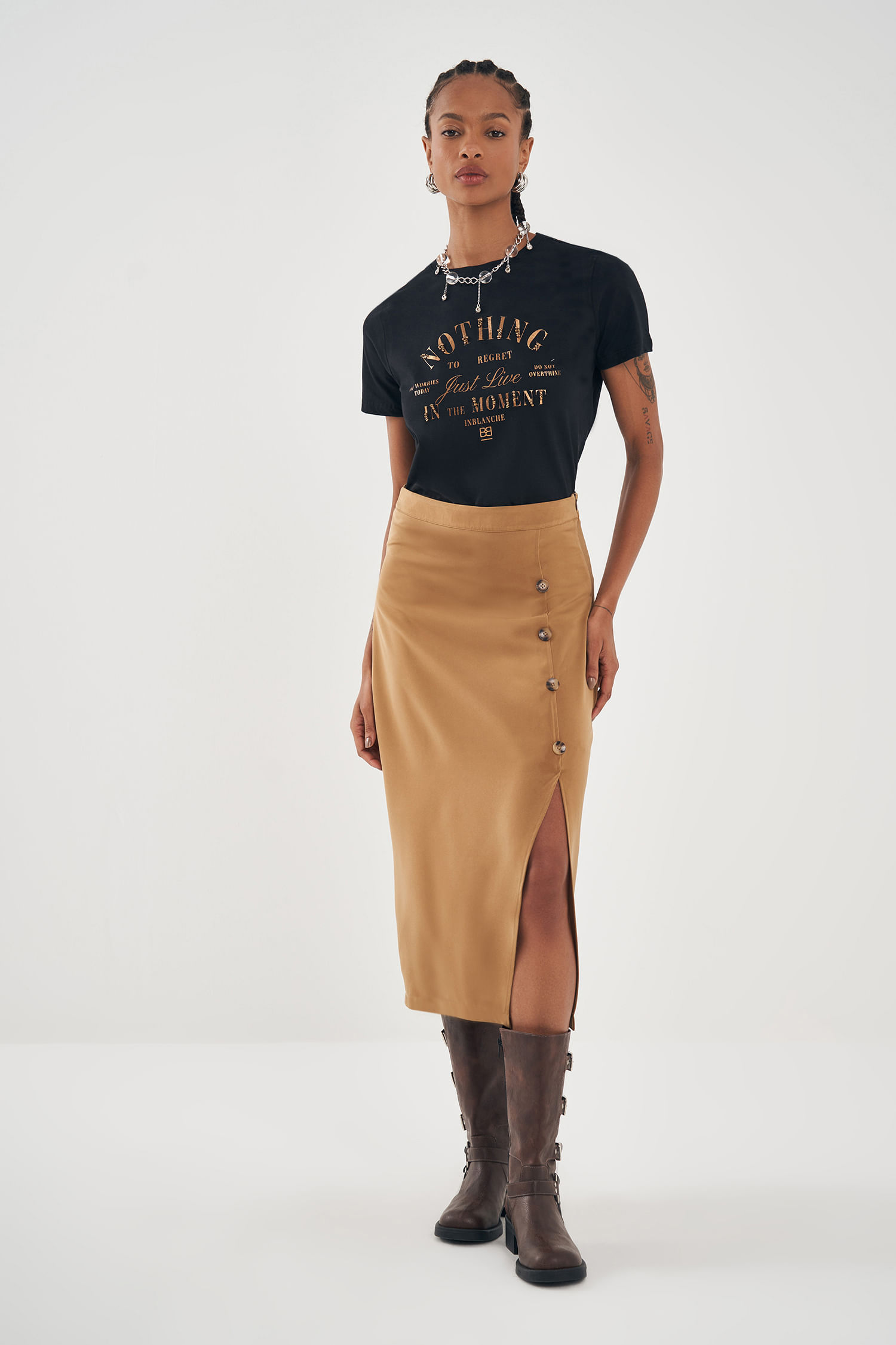 Saia Midi Fenda Lateral Feminina Inblanche