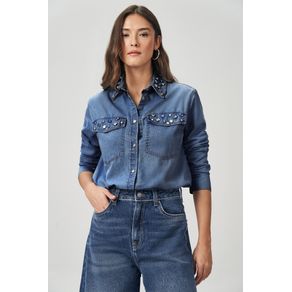 Camisa-Jeans-Pedraria-Feminina-Acostamento Camisa-Jeans-Pedraria-Feminina-Acostamento