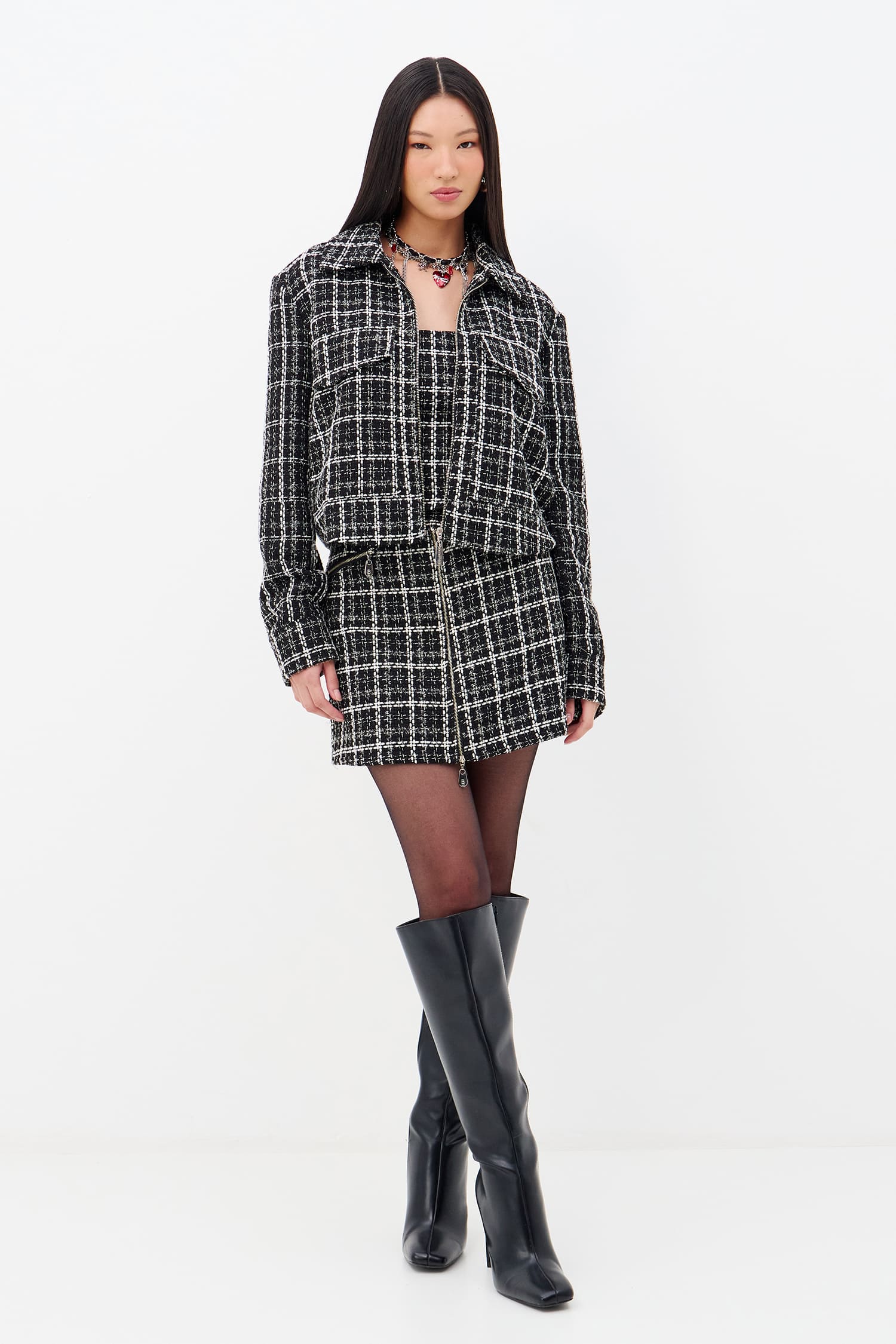 Saia Tweed Zíper Frontal Feminina Inblanche