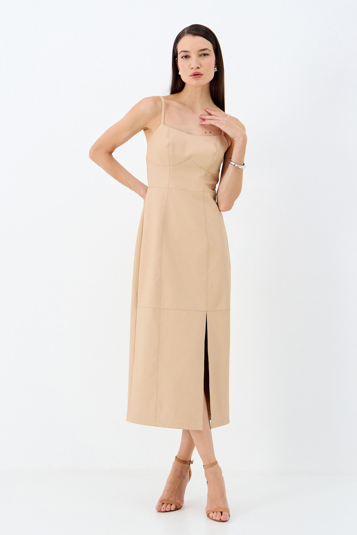 Vestido Midi PU Fenda Frontal ACT Feminino