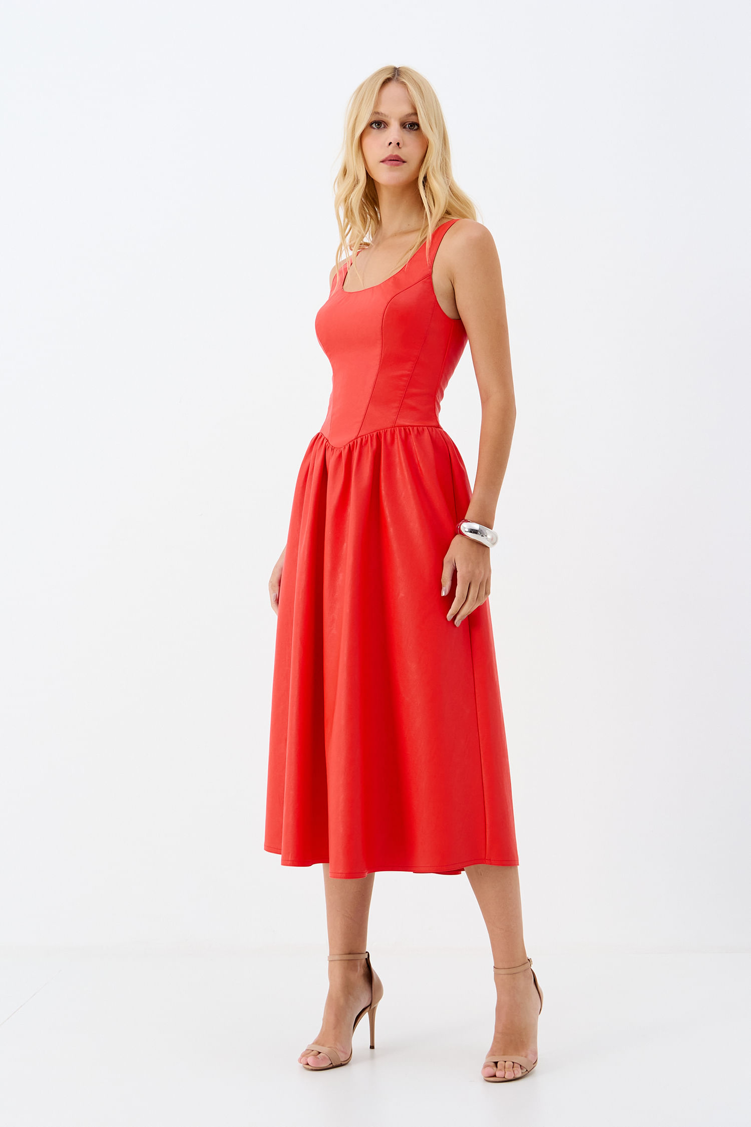 Vestido Midi PU Saia Fluida ACT Feminino