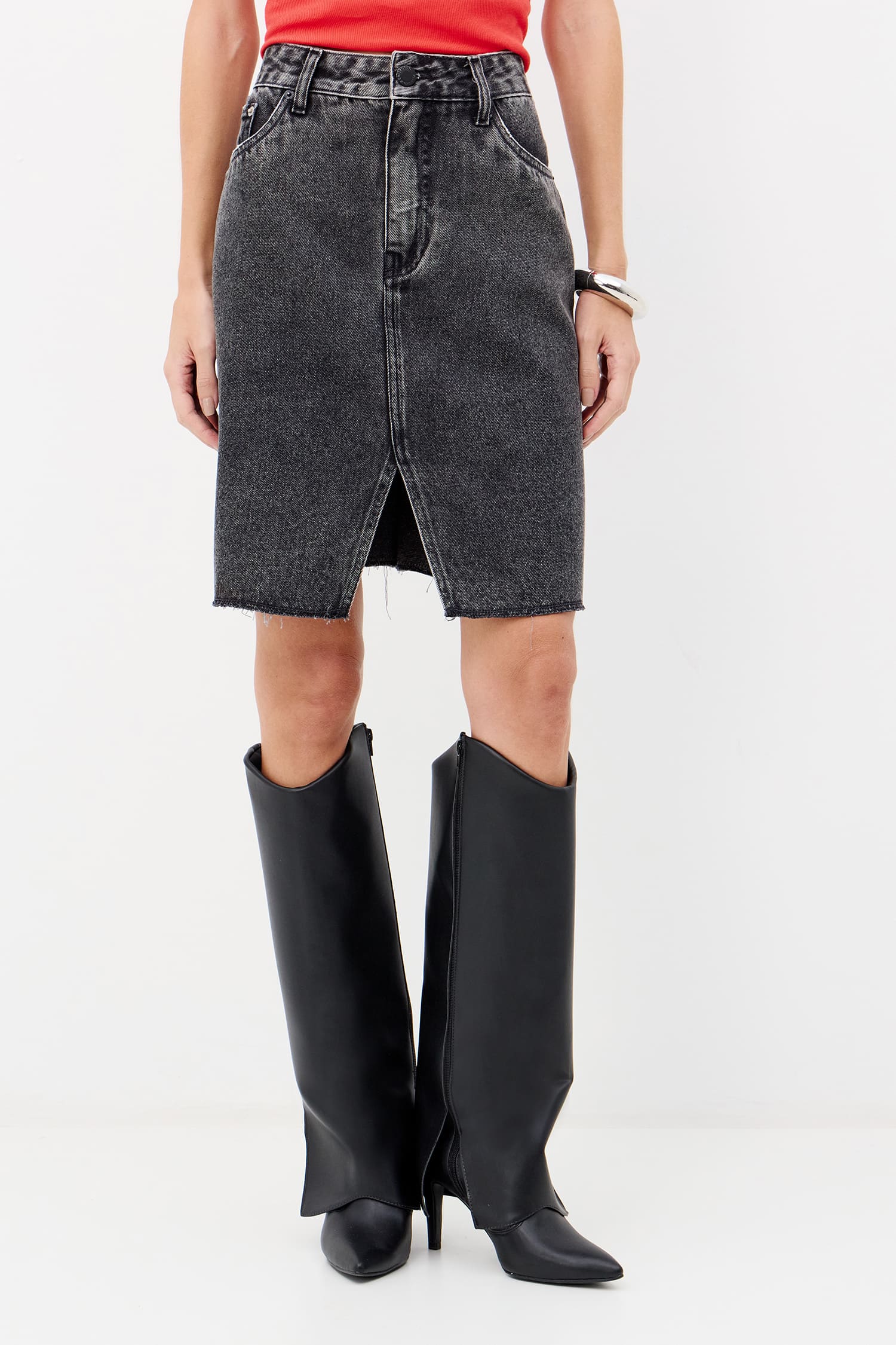 Saia Jeans Média Estonada Feminina Inblanche