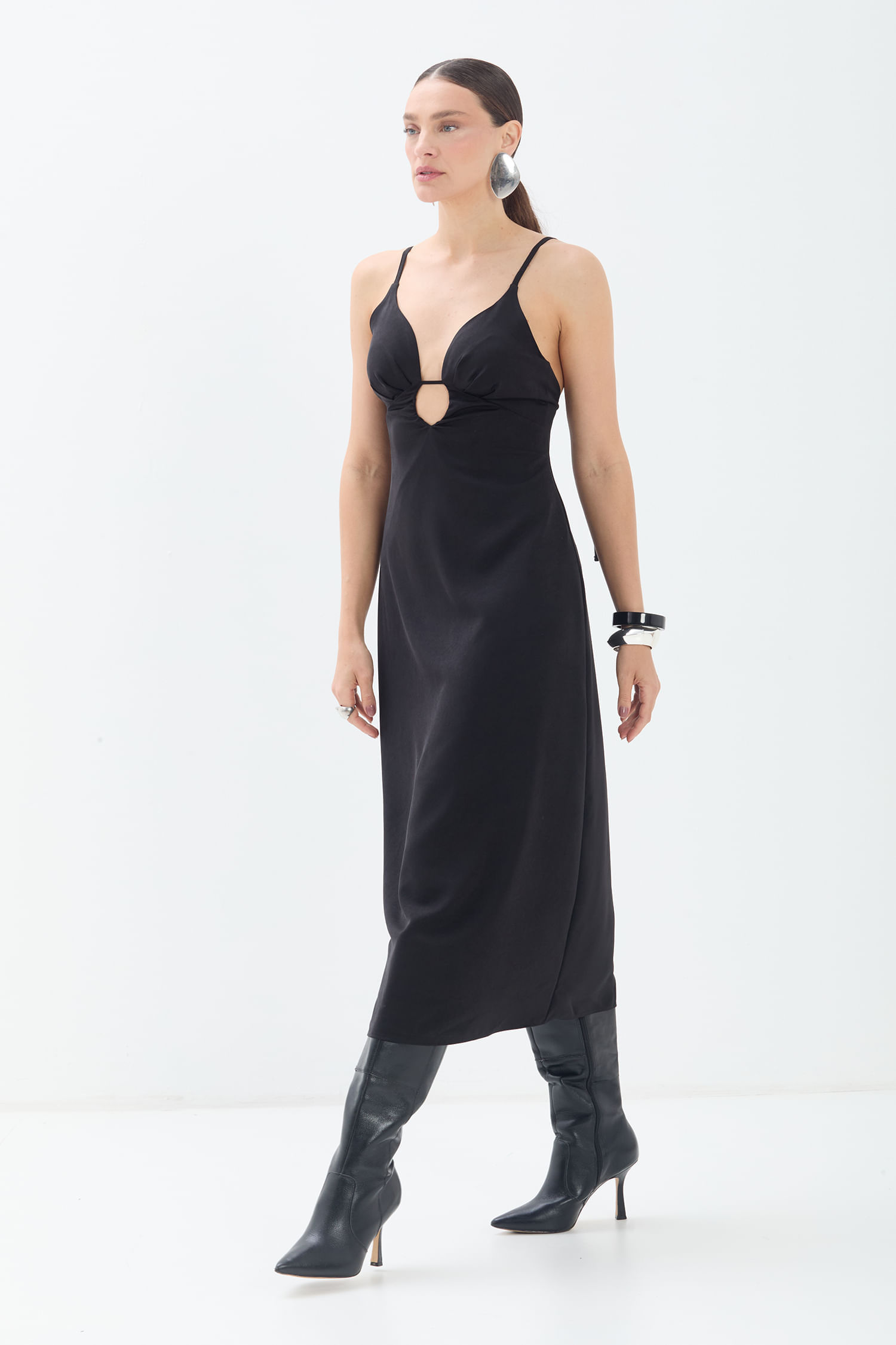 Vestido Midi Alça Fina Vazado ACT Feminino