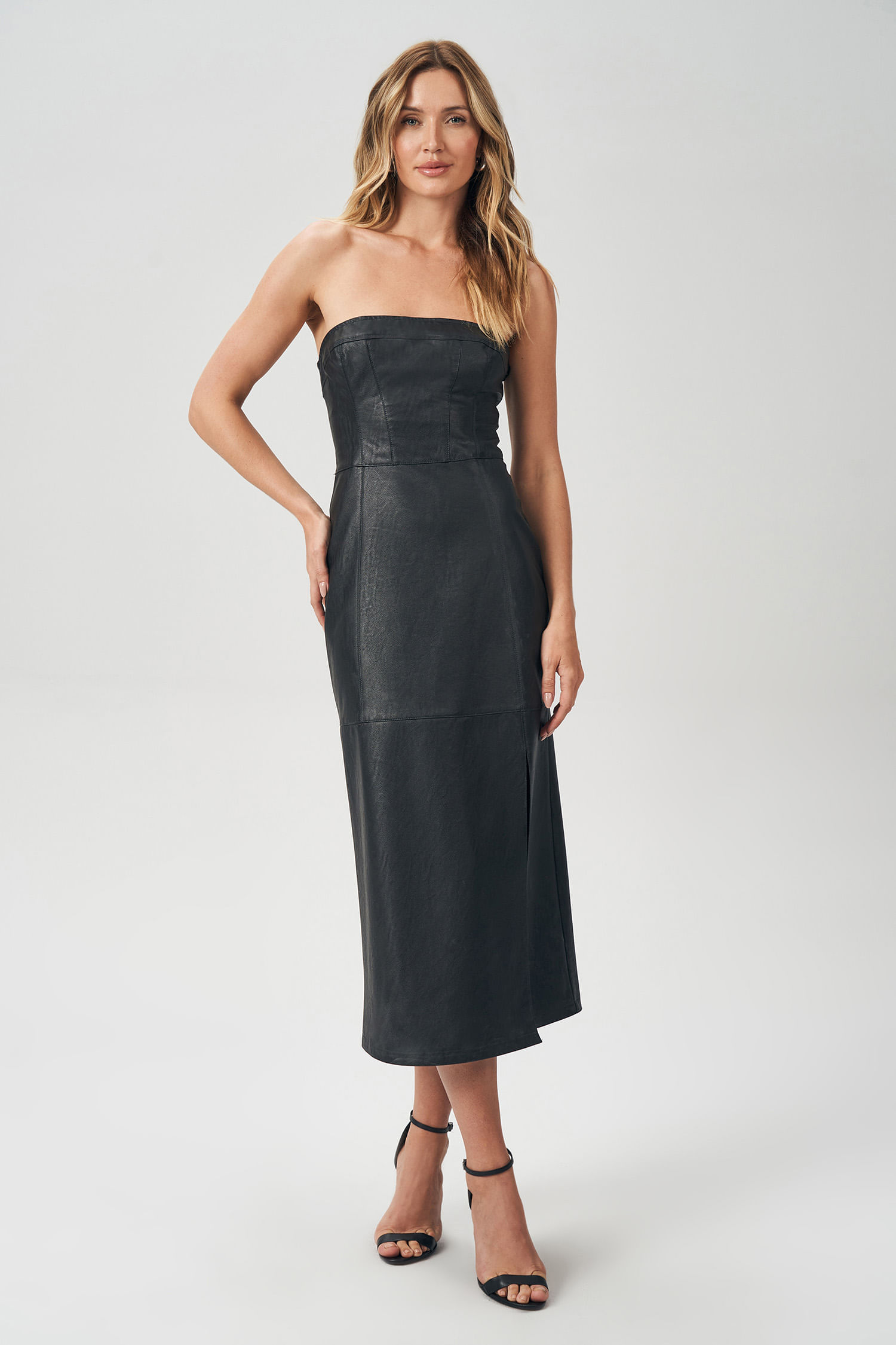 Vestido PU com Fenda Feminino Acostamento