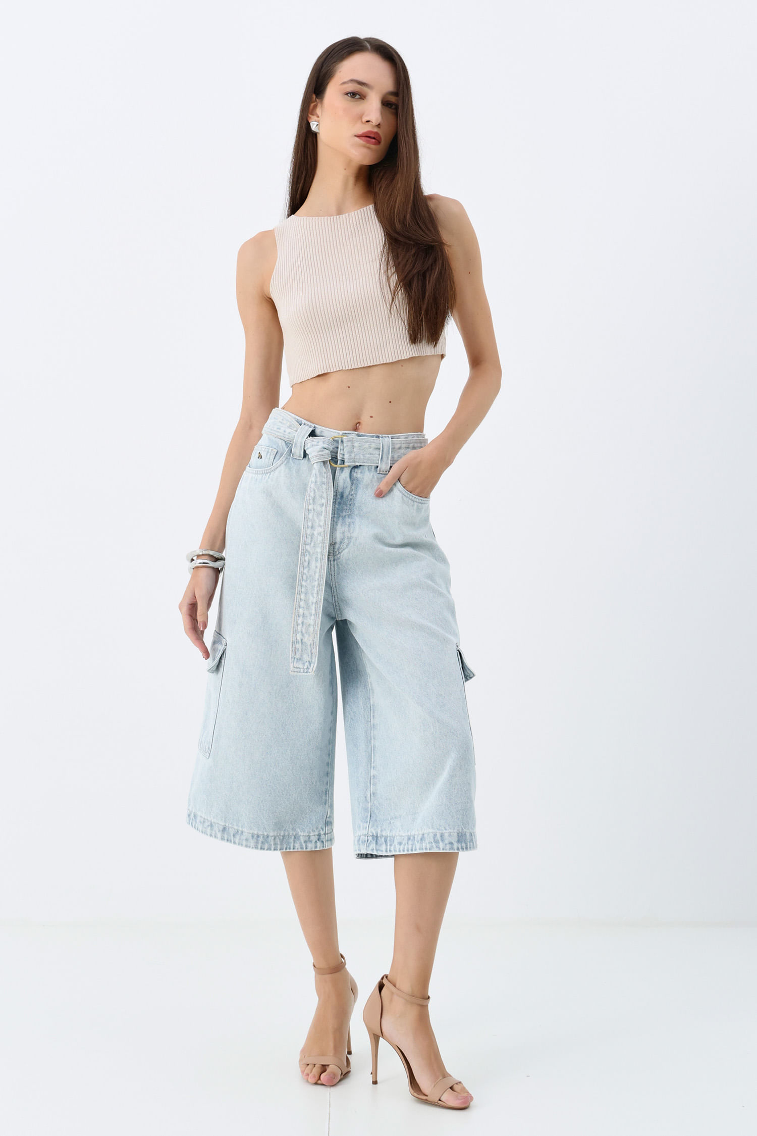 Bermuda Jeans Jorts Cintura Alta ACT Feminino