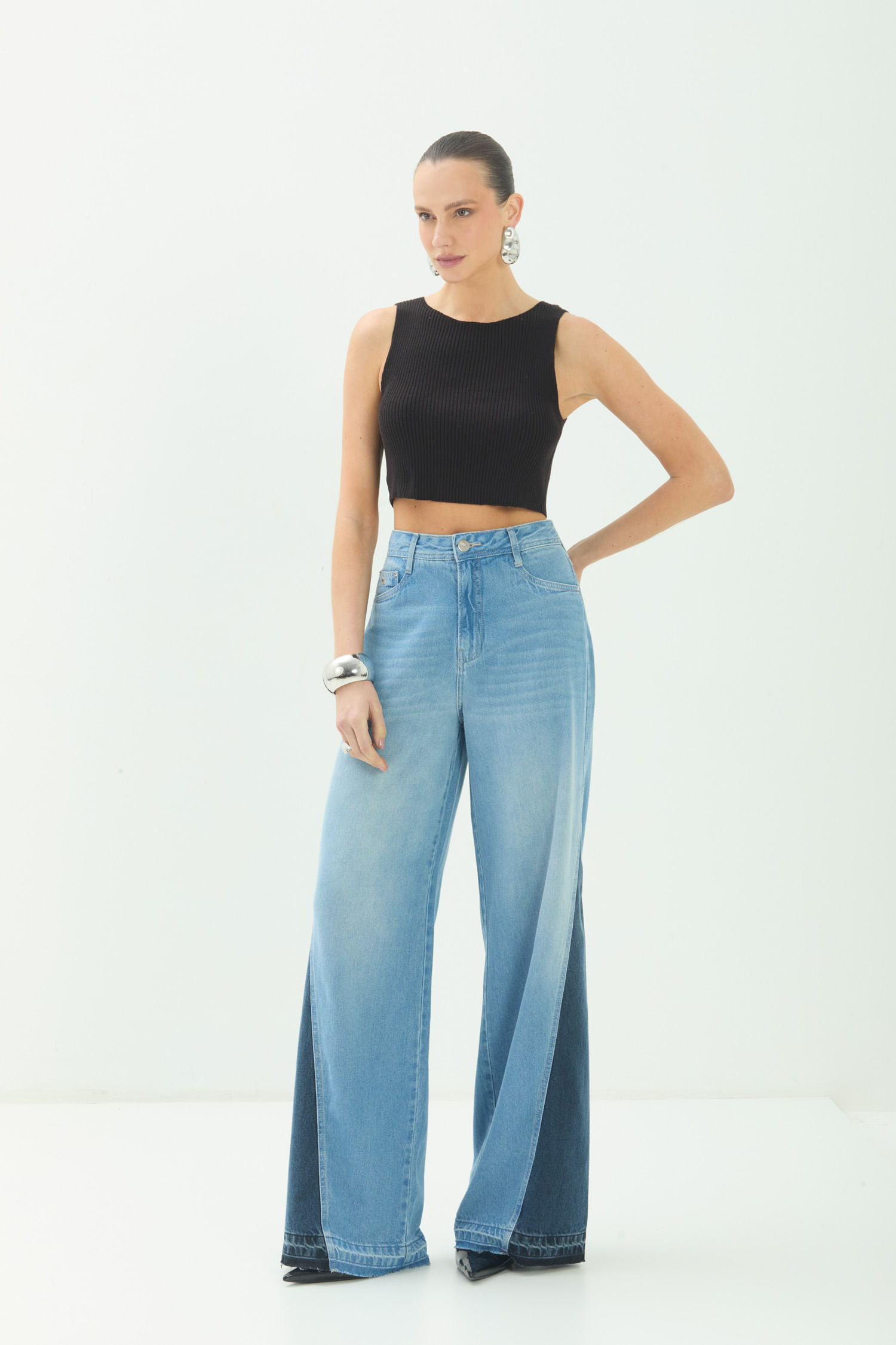 Calça Jeans Wide Leg Recorte ACT Feminina