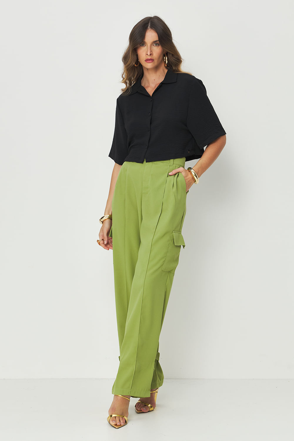 Calça Acetinada Cargo Com Amarração Feminina Acostamento