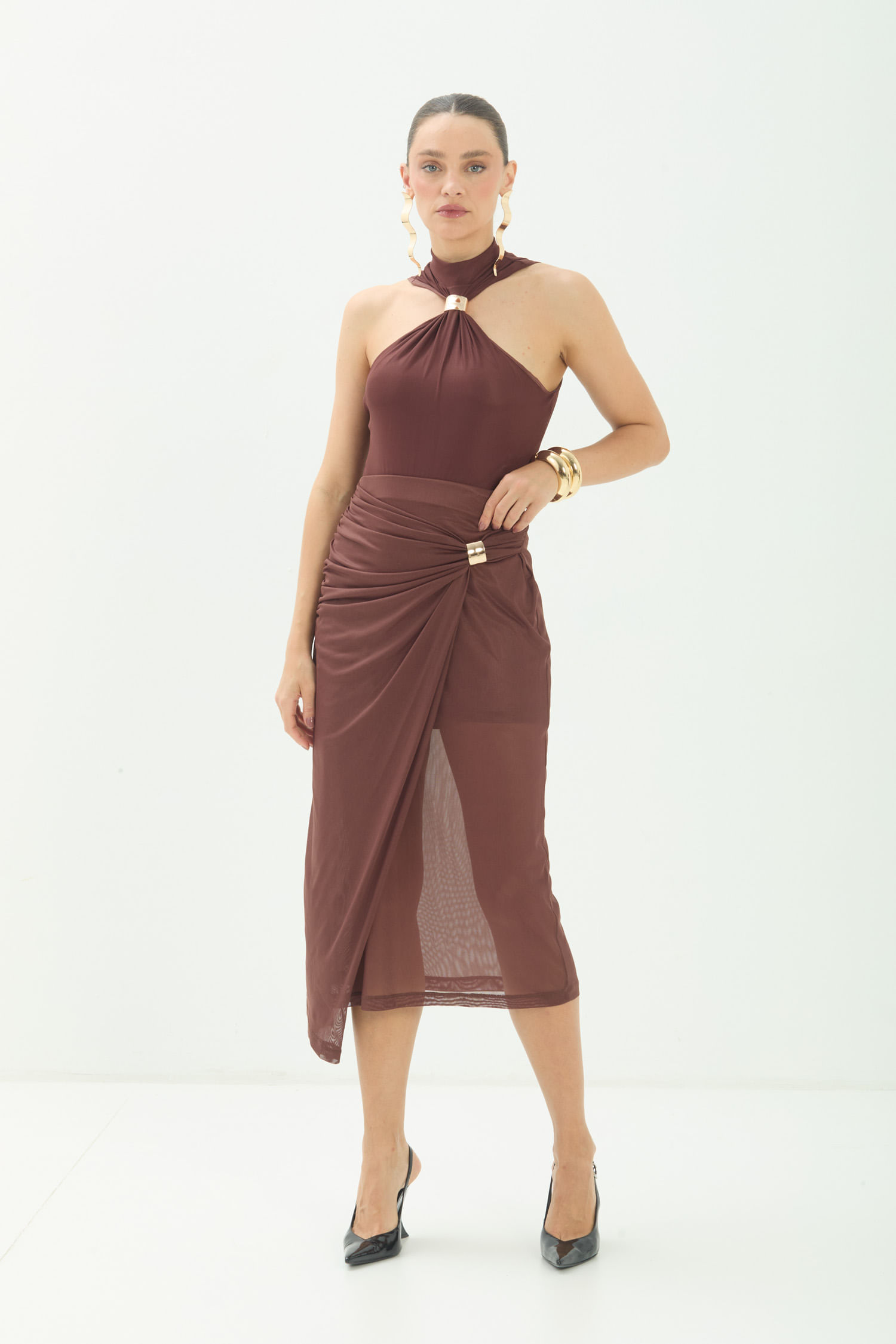 Saia Midi Em Tule Com Drapeado ACT Feminina