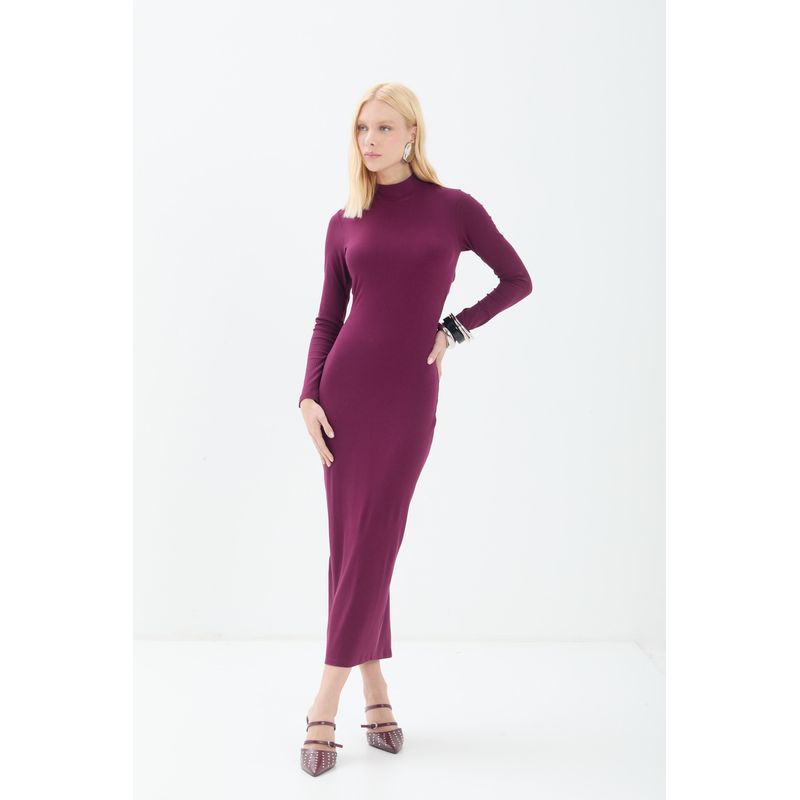 Vestido-Midi-Canelado-Gola-Alta-ACT-Feminino