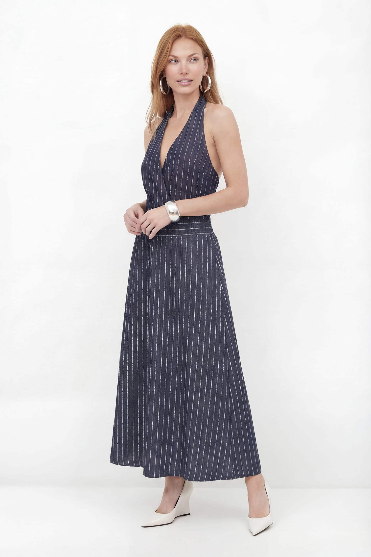 Saia Jeans Midi Com Listras ACT Feminina