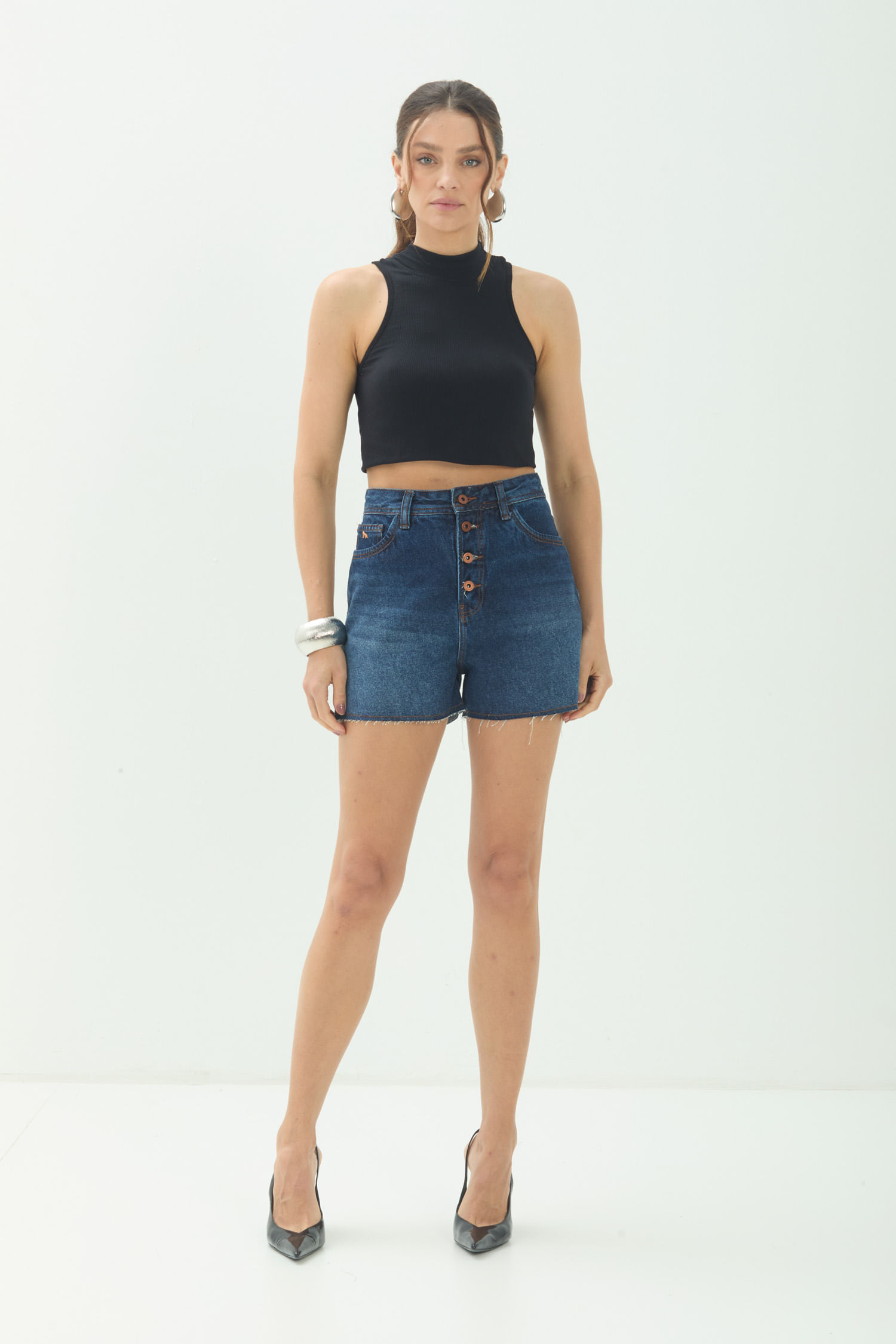 Shorts Jeans Cintura Alta ACT Feminino