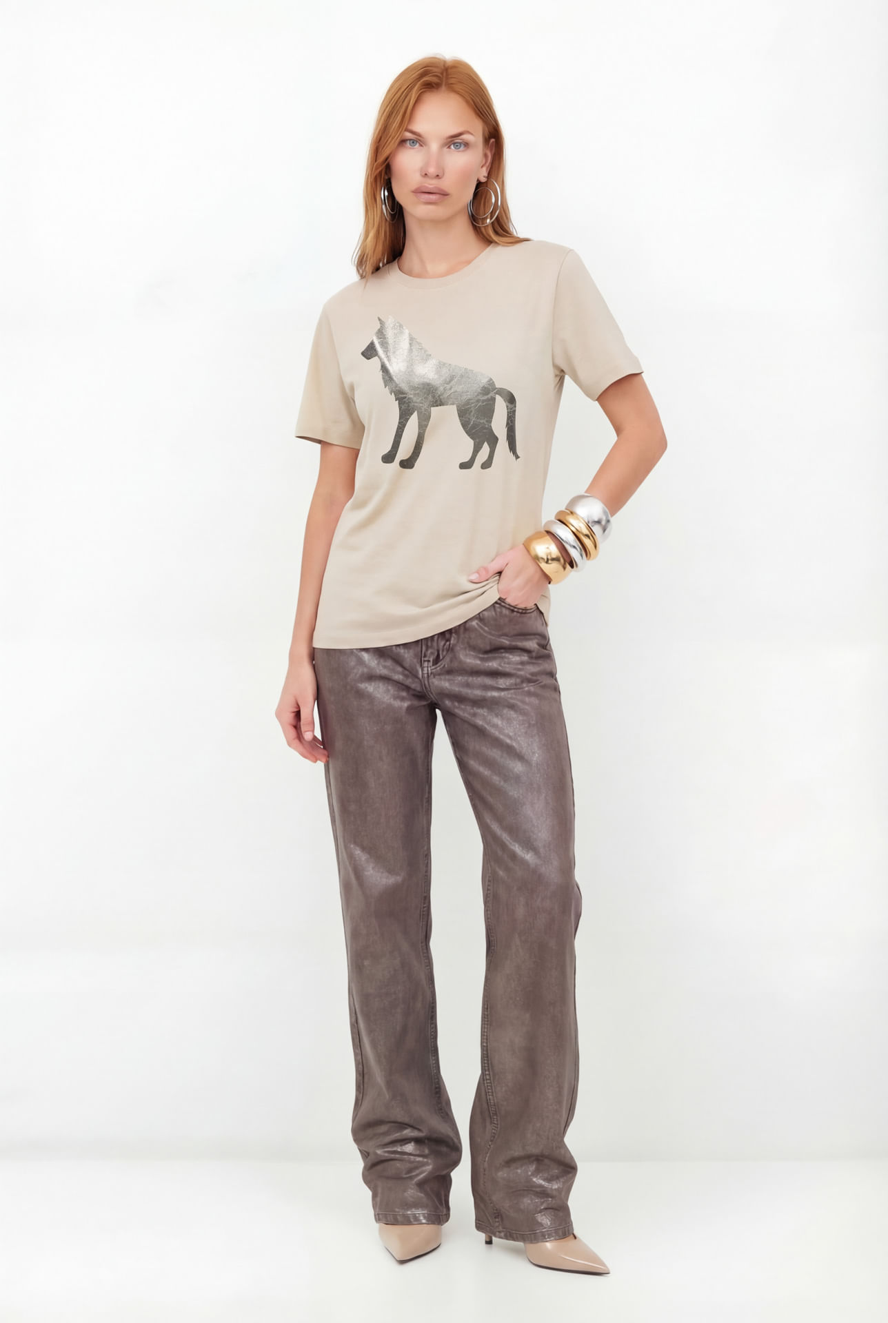 T-Shirt Lobo Estampada ACT Feminina